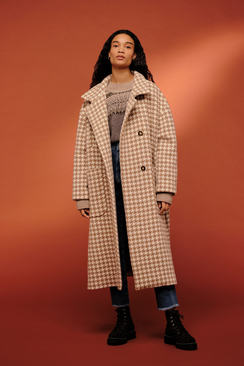 Dogstooth Funnel Neck Coat