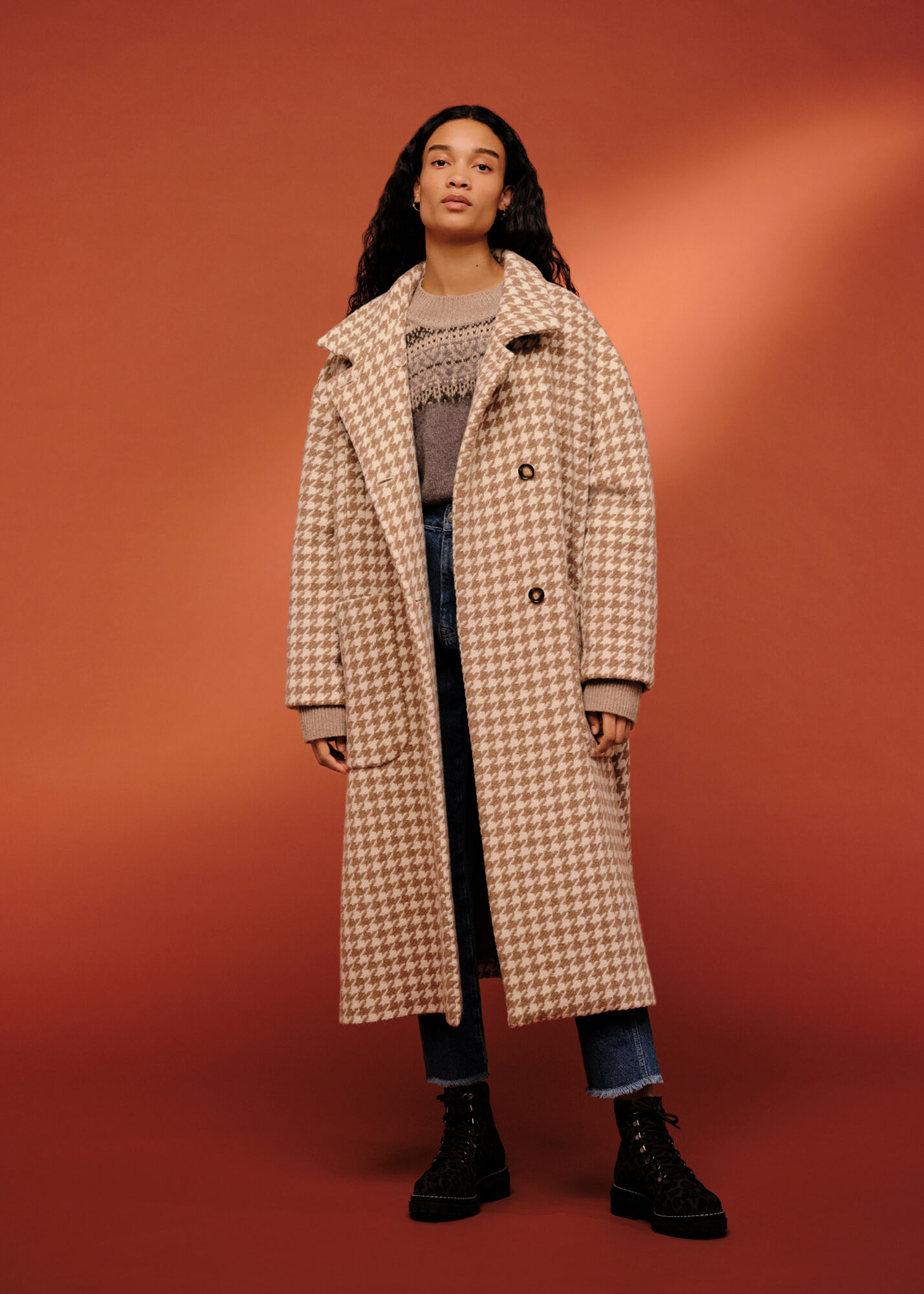 Multicolour Dogstooth Funnel Neck Coat WHISTLES