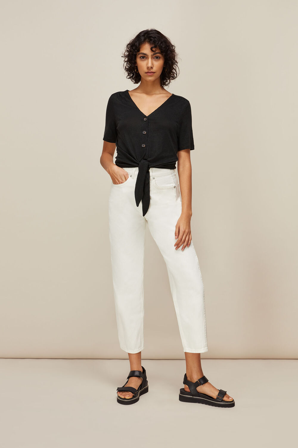 Linen Button Front Tie Top