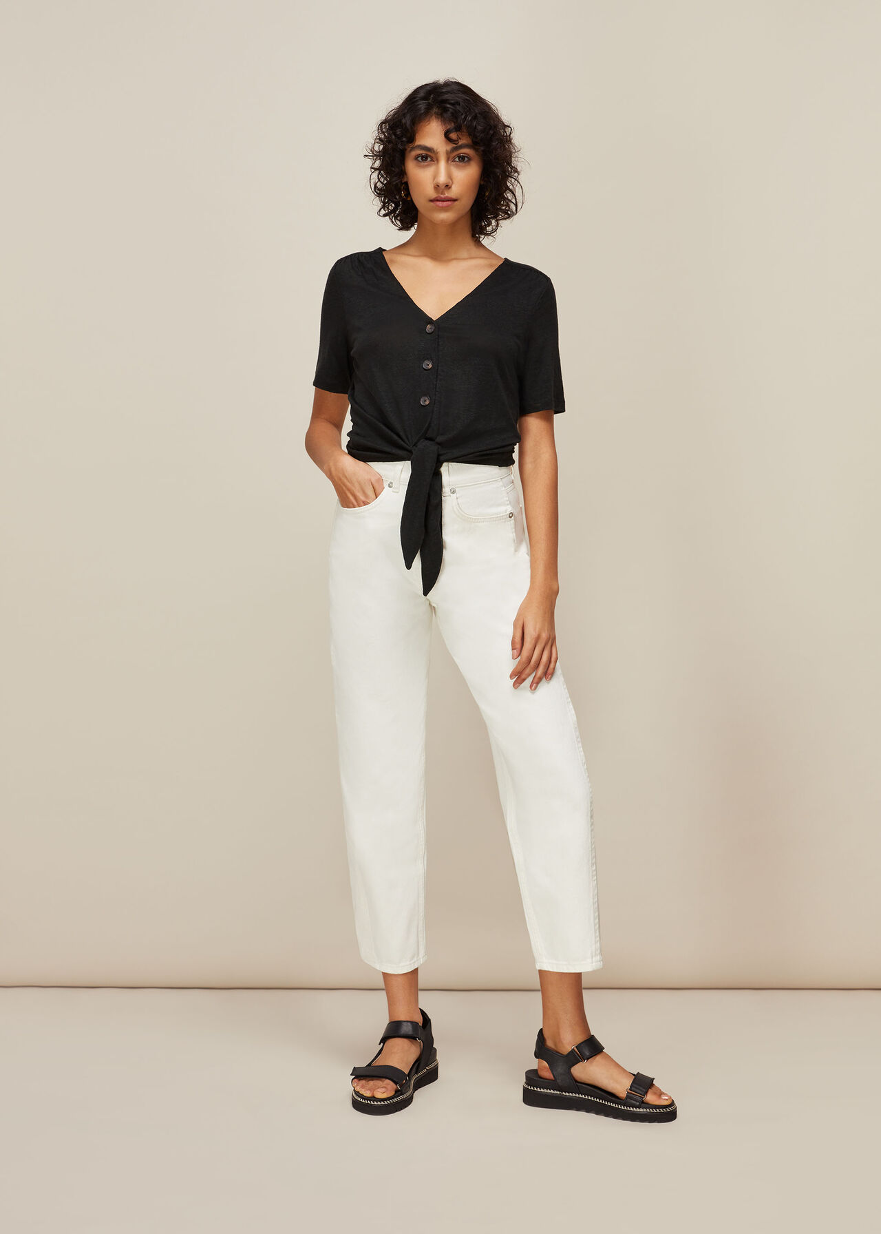 Linen Button Front Tie Top