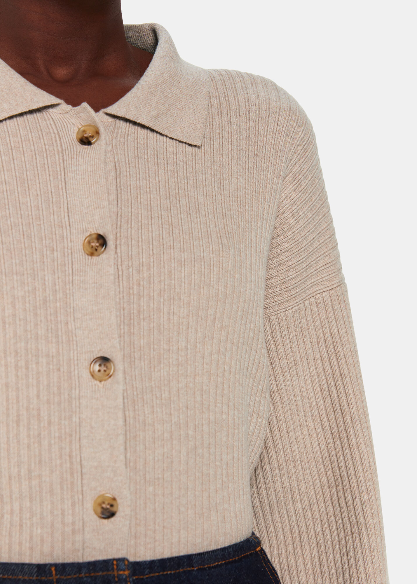 Oatmeal Rib Collar Cardigan | WHISTLES | Whistles UK |