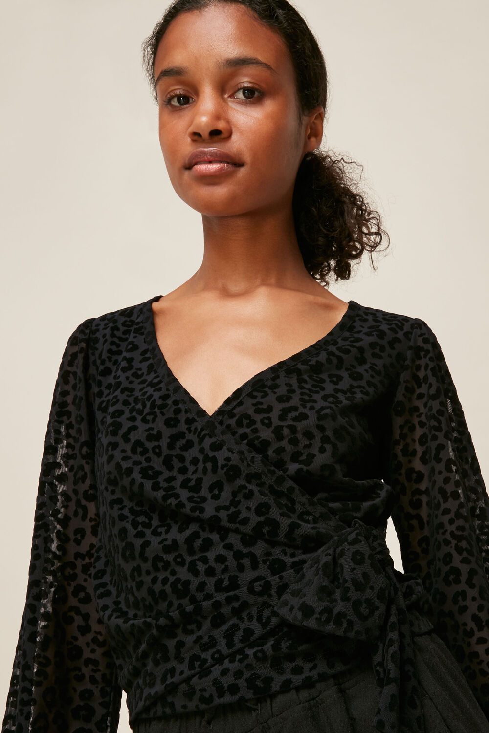 Flocked Animal Mesh Wrap Top