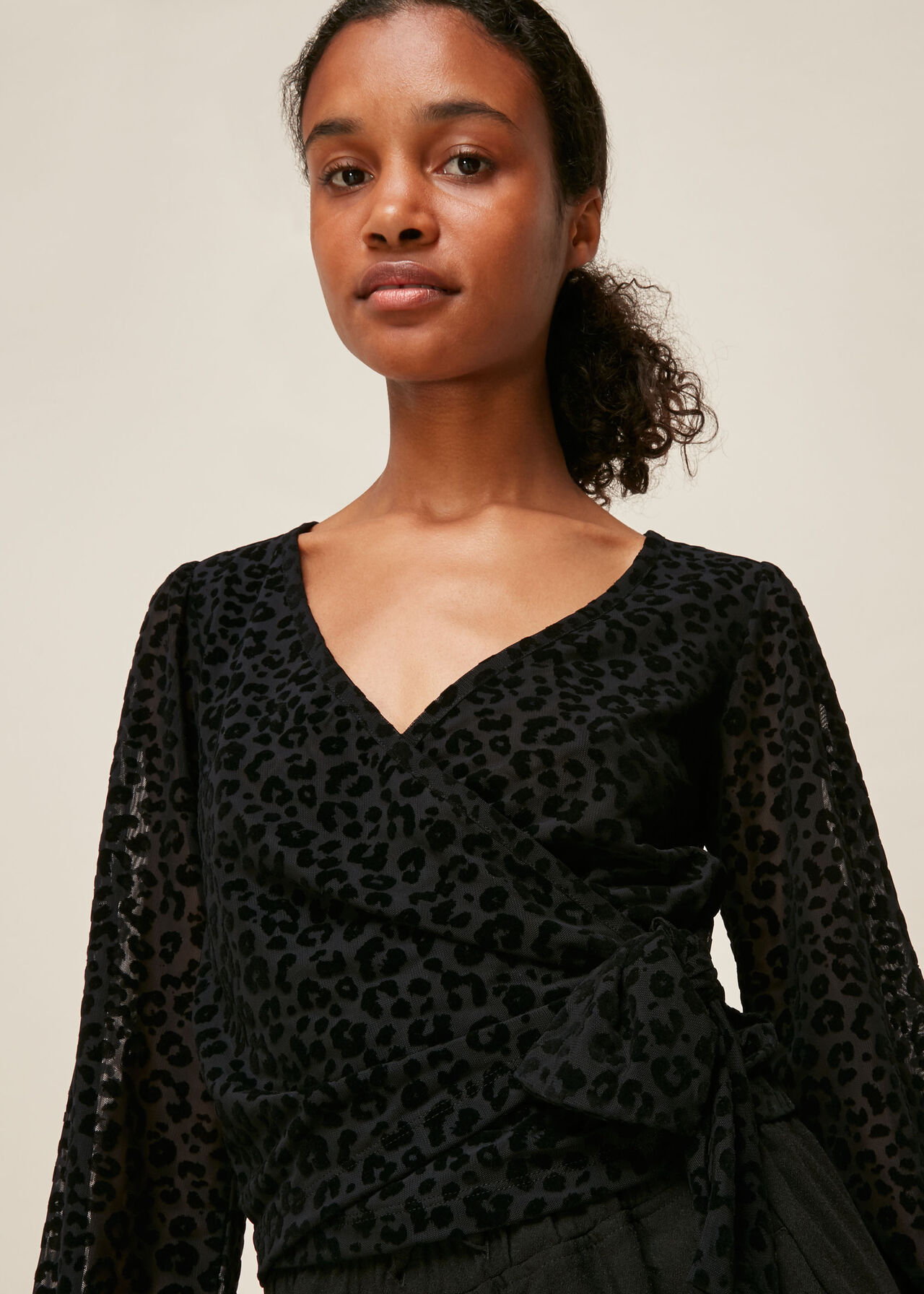 Flocked Animal Mesh Wrap Top