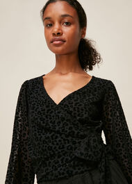 Flocked Animal Mesh Wrap Top