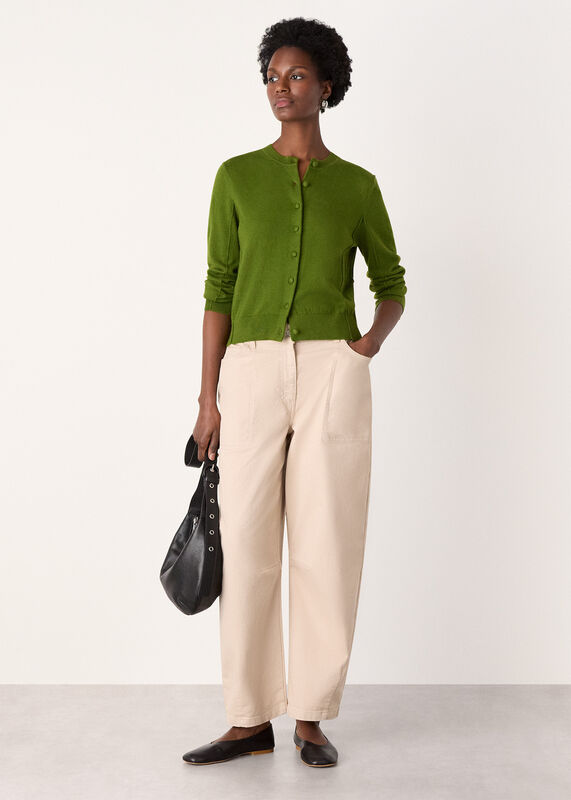 Green Fine Gauge Crew Neck Cardigan