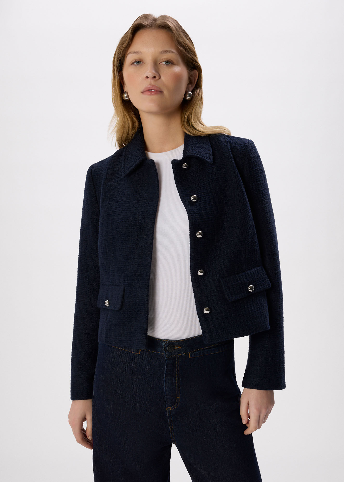 Navy Cropped Boucle Jacket | WHISTLES | Whistles US |