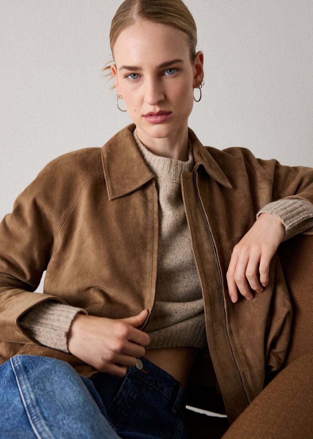 Taupe Gathered Suede Zip Jacket