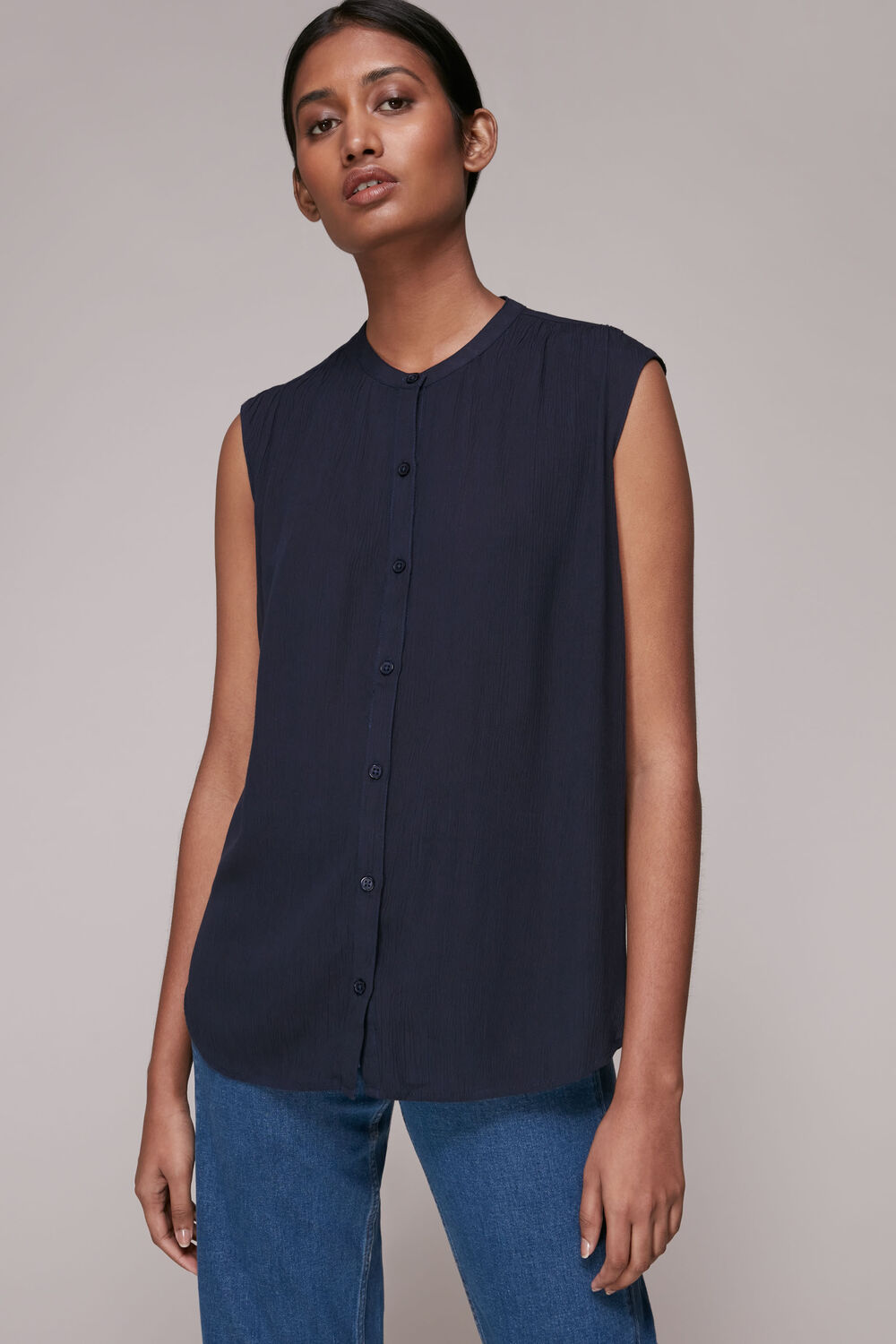 Crinkle Button Front Tank Top