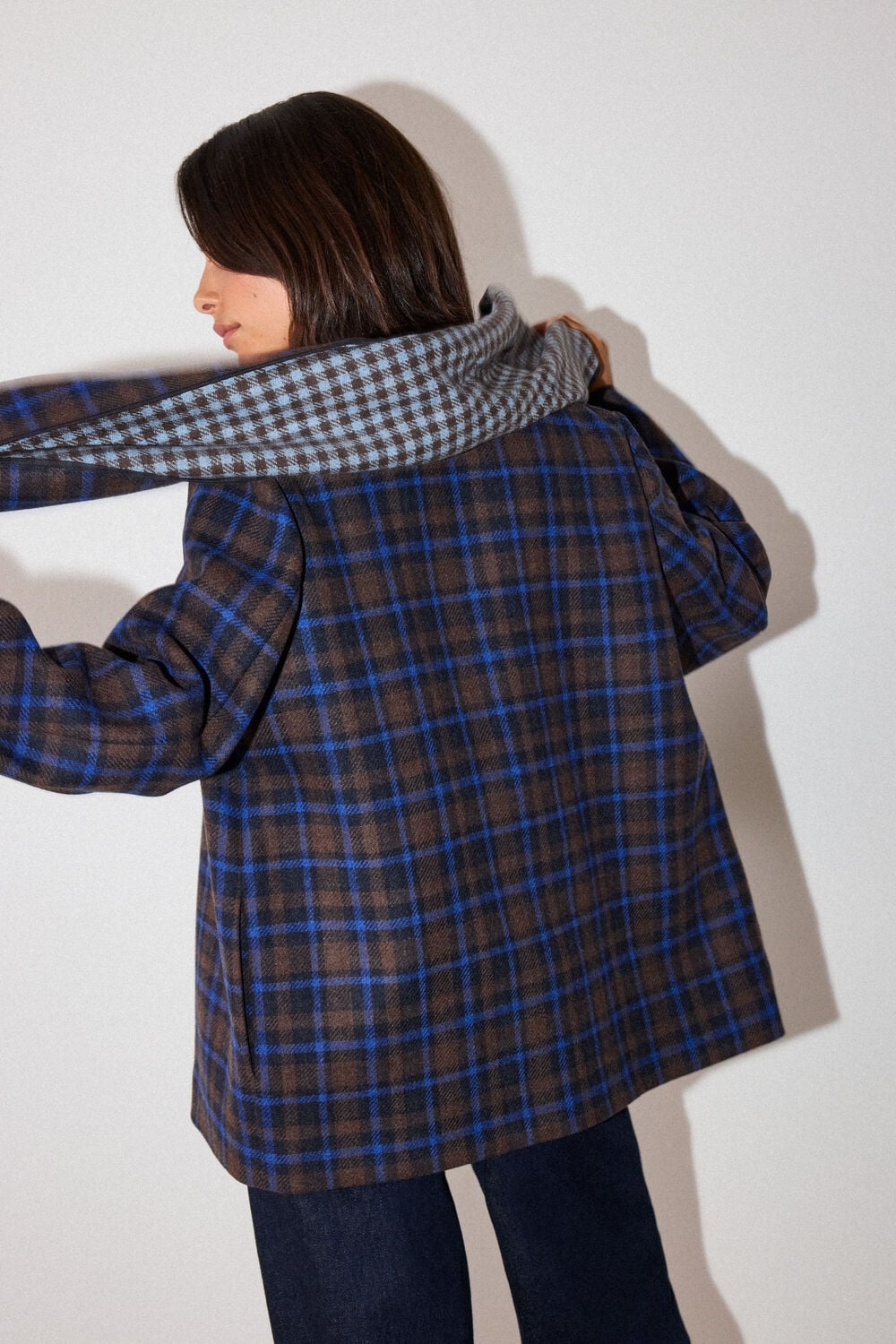 Navy Check Scarf Coat