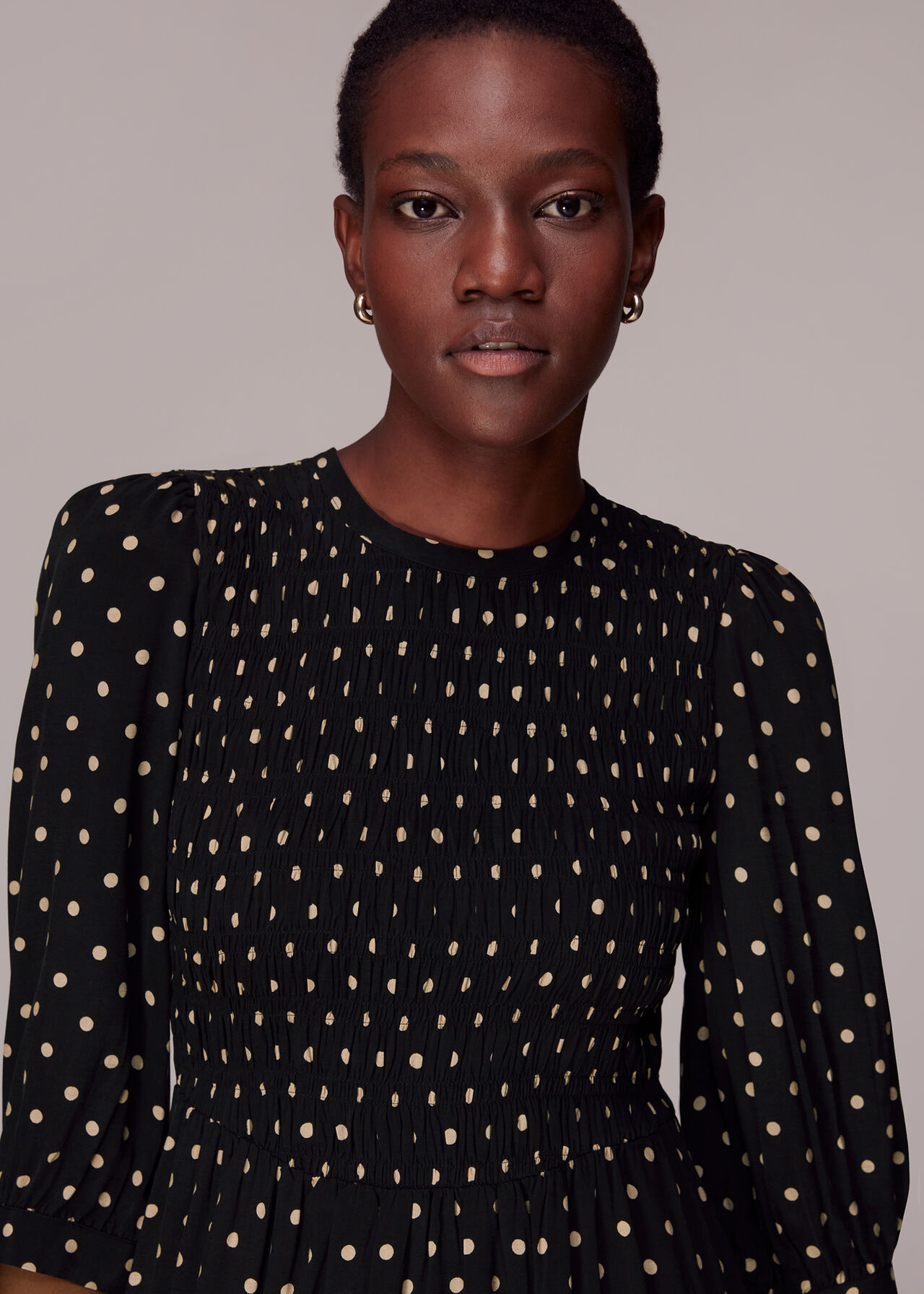 Shirred Spot Midi Dress