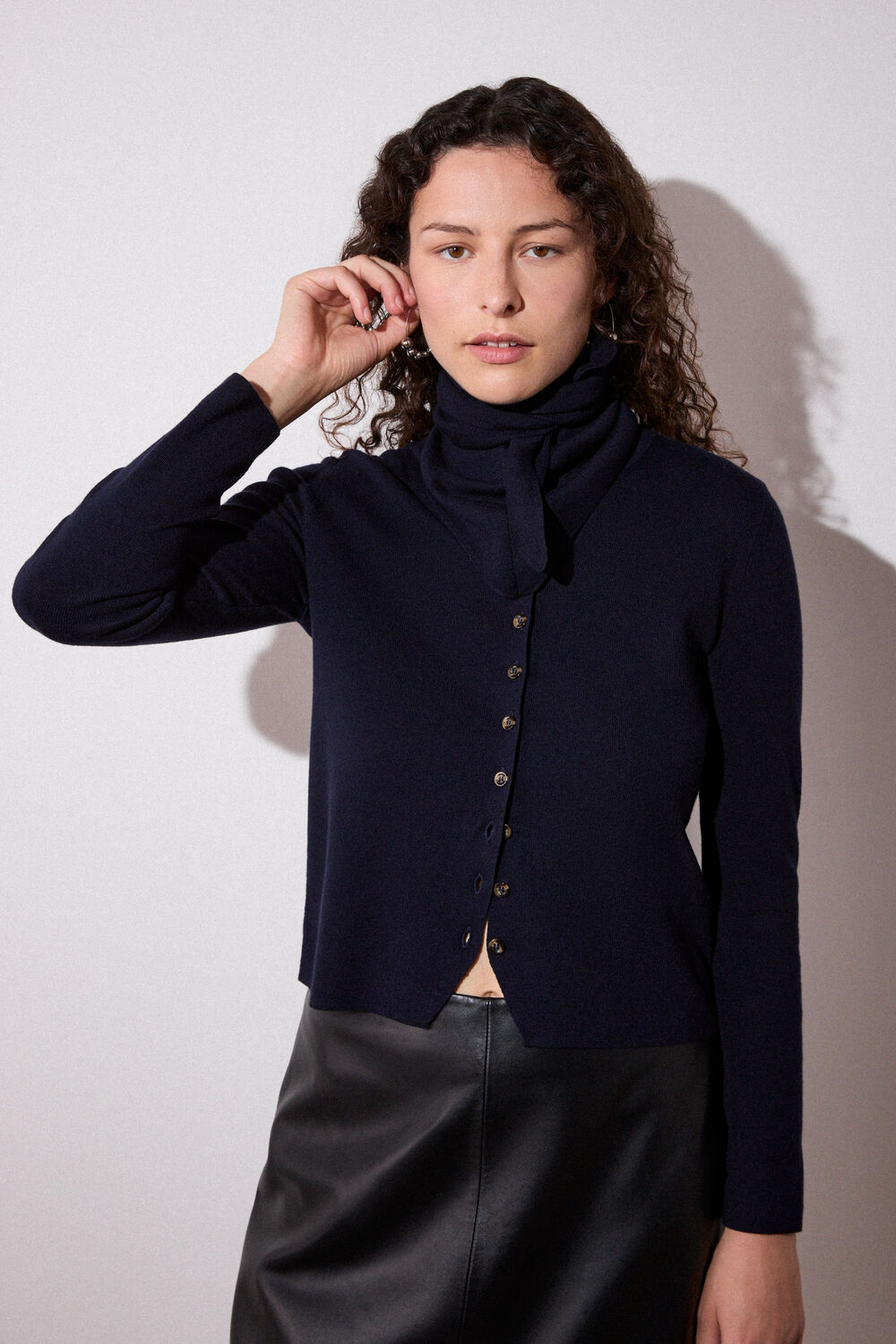 Navy Crew Neck Scarf Cardigan