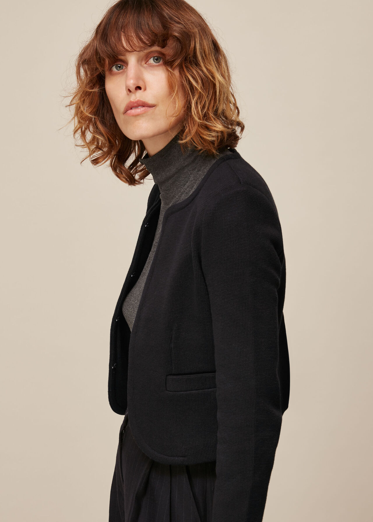 Collarless Jersey Jacket