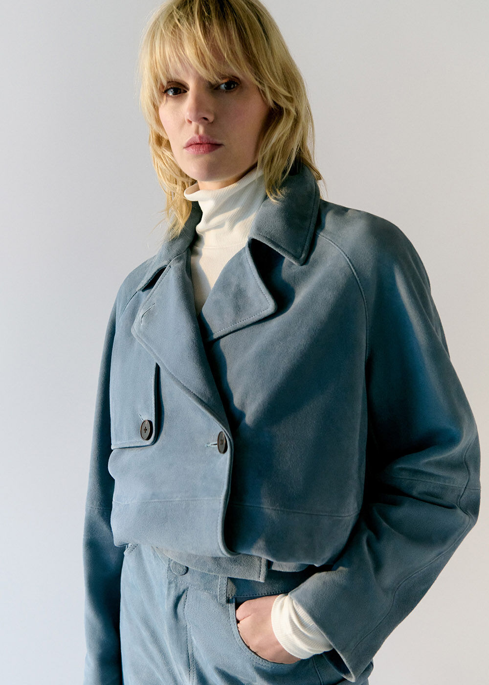 Blue Suede Short Trench Jacket | WHISTLES | Whistles US |