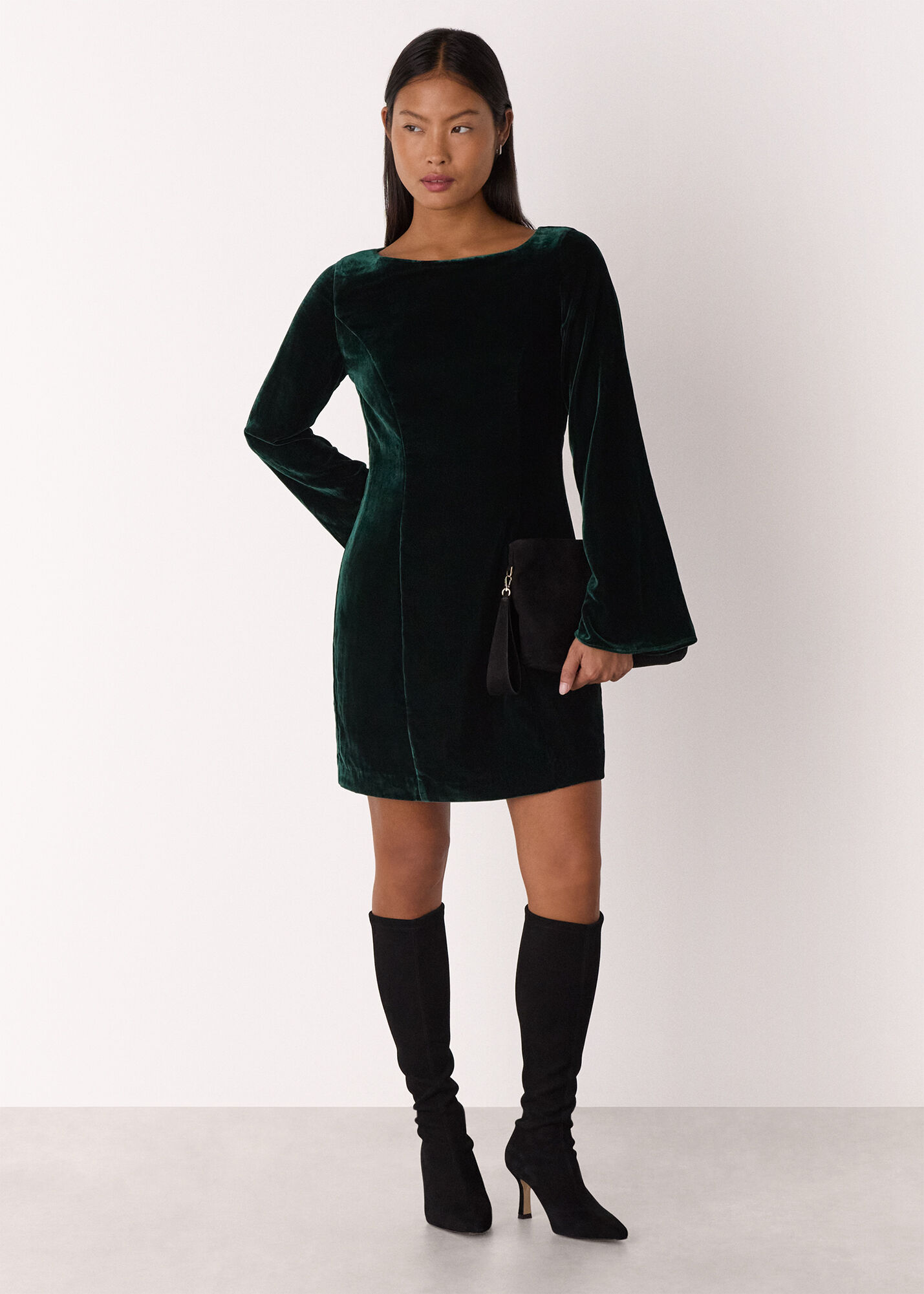 Forest Green Petite Velvet Flare Sleeve Dress | WHISTLES