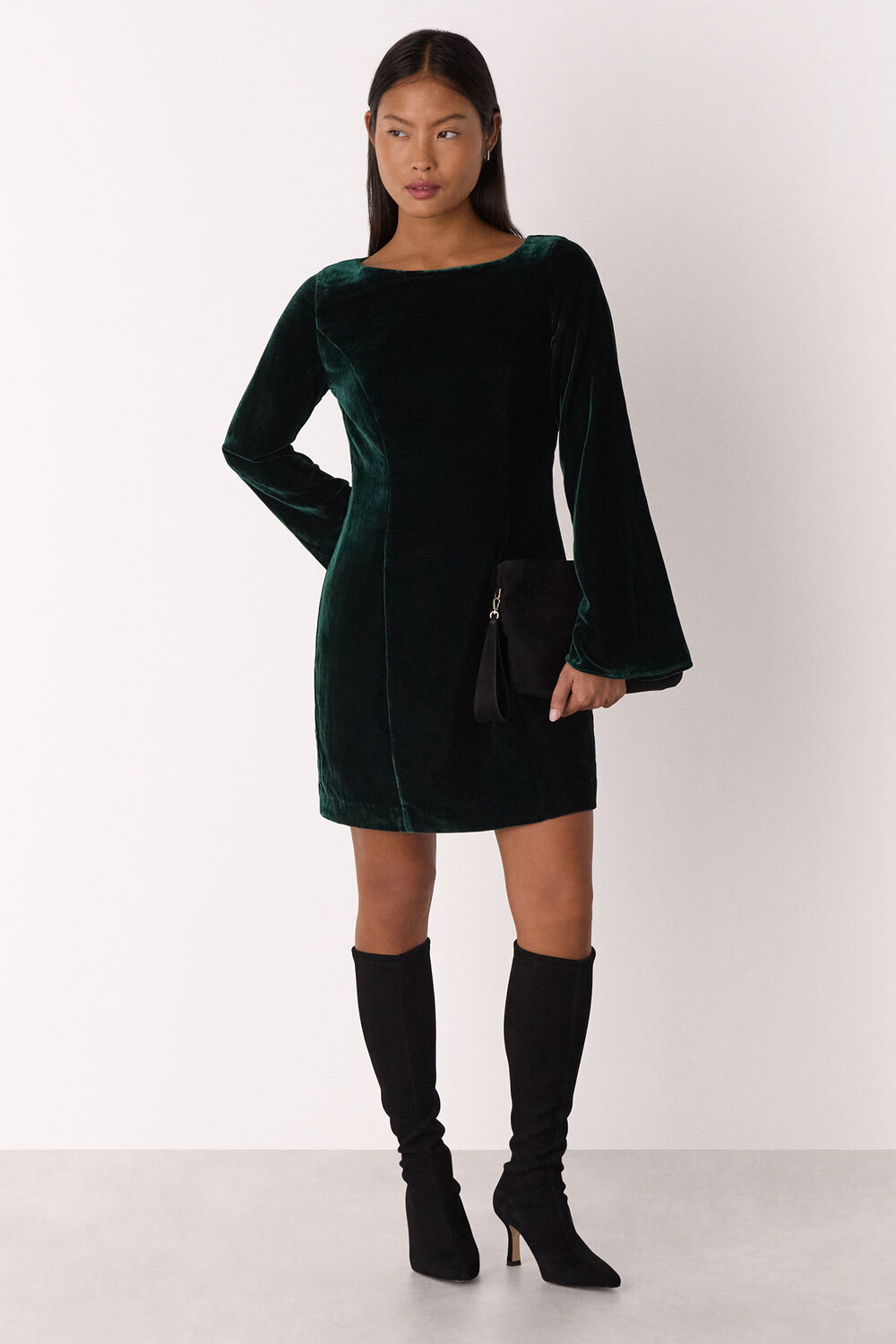 Forest Green Petite Velvet Flare Sleeve Dress