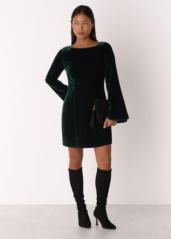 Forest Green Petite Velvet Flare Sleeve Dress