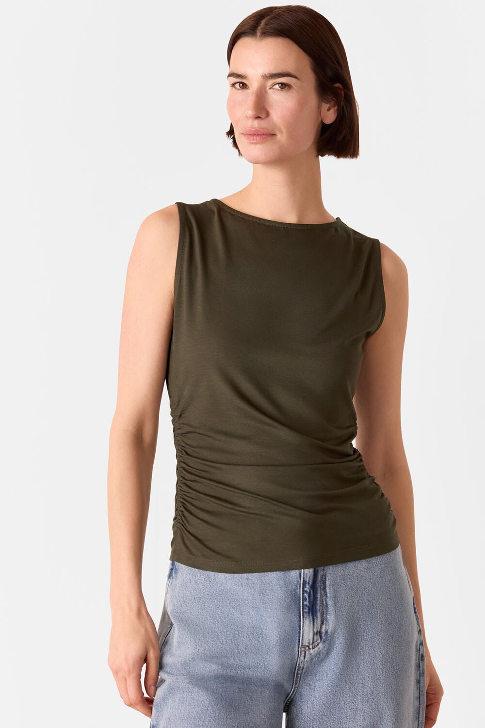 Khaki Gathered Side Detail Top
