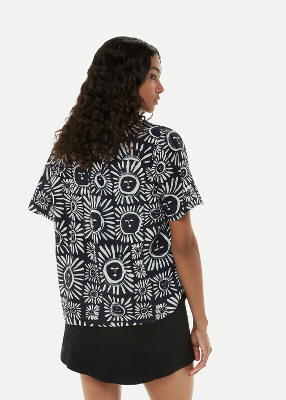 Black Sunman Print Bowling Shirt