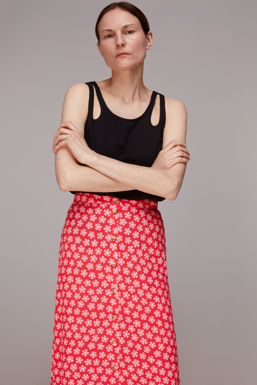 Red Daisy Check Button Front Skirt