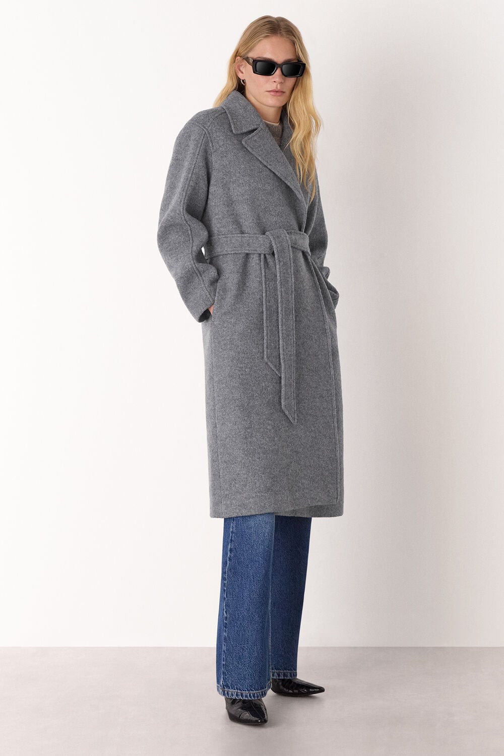 Grey Long Belted Wool Coat