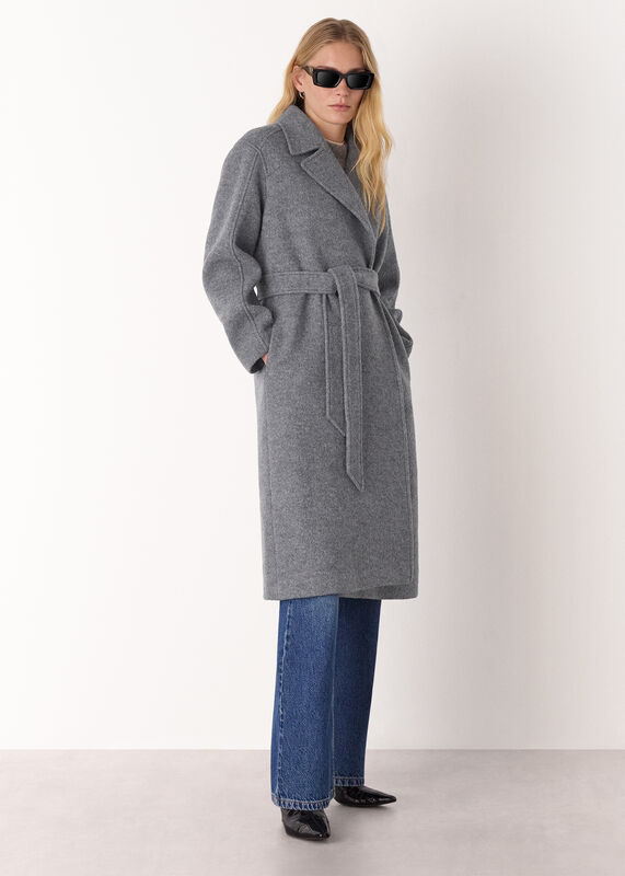 Grey Long Belted Wool Coat