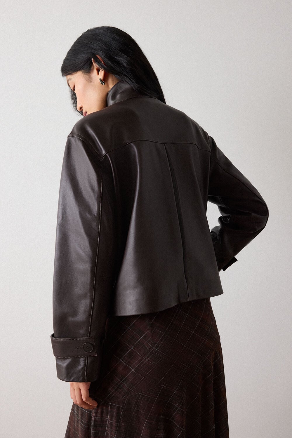 Chocolate Funnel Neck Leather Jacket