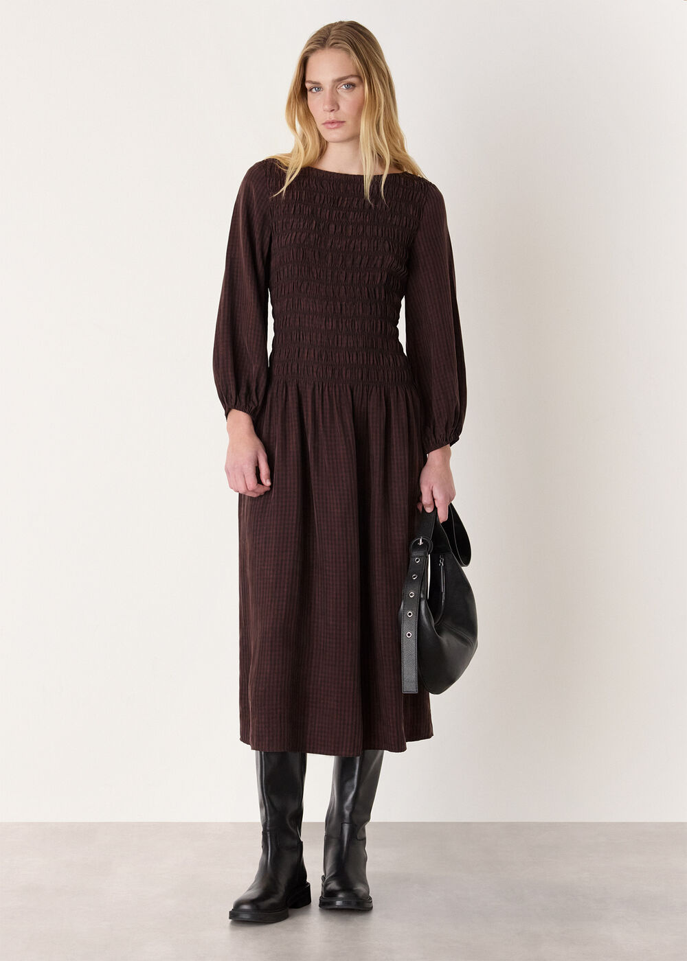 Checked Shirred Dress