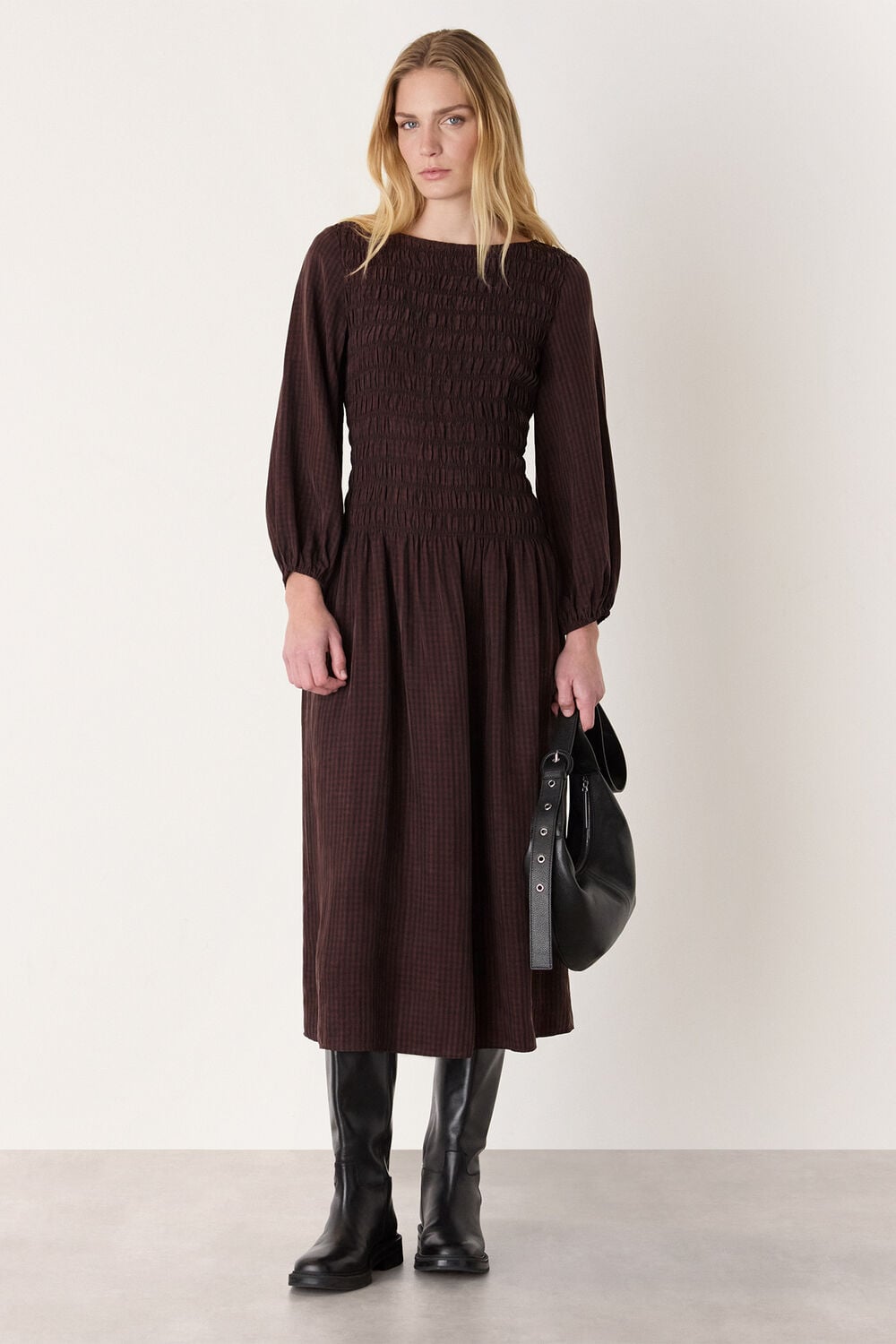 Brown Checked Shirred Dress