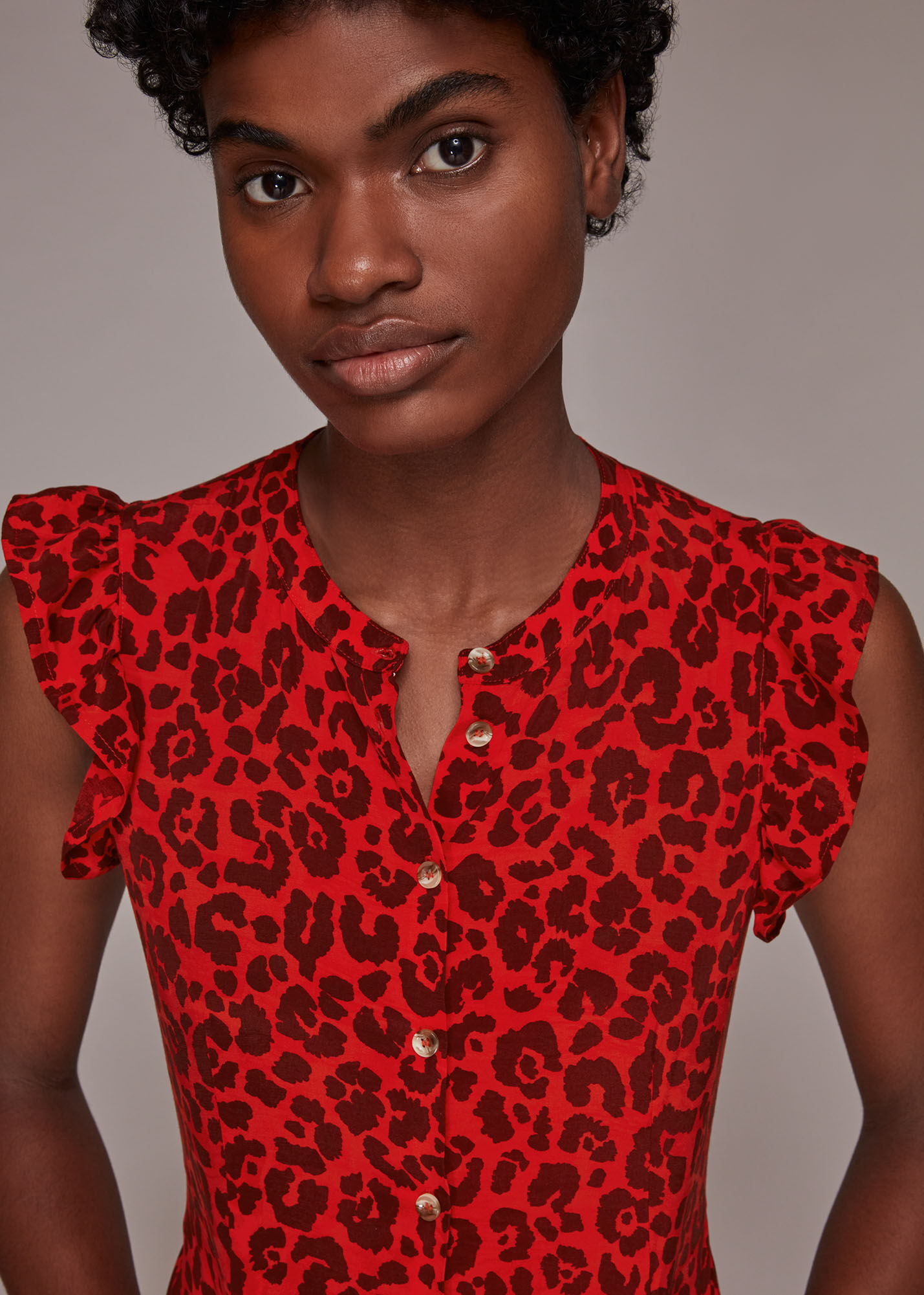 Red/Multi Animal Frill Sleeve Midi Dress | WHISTLES | Whistles US |