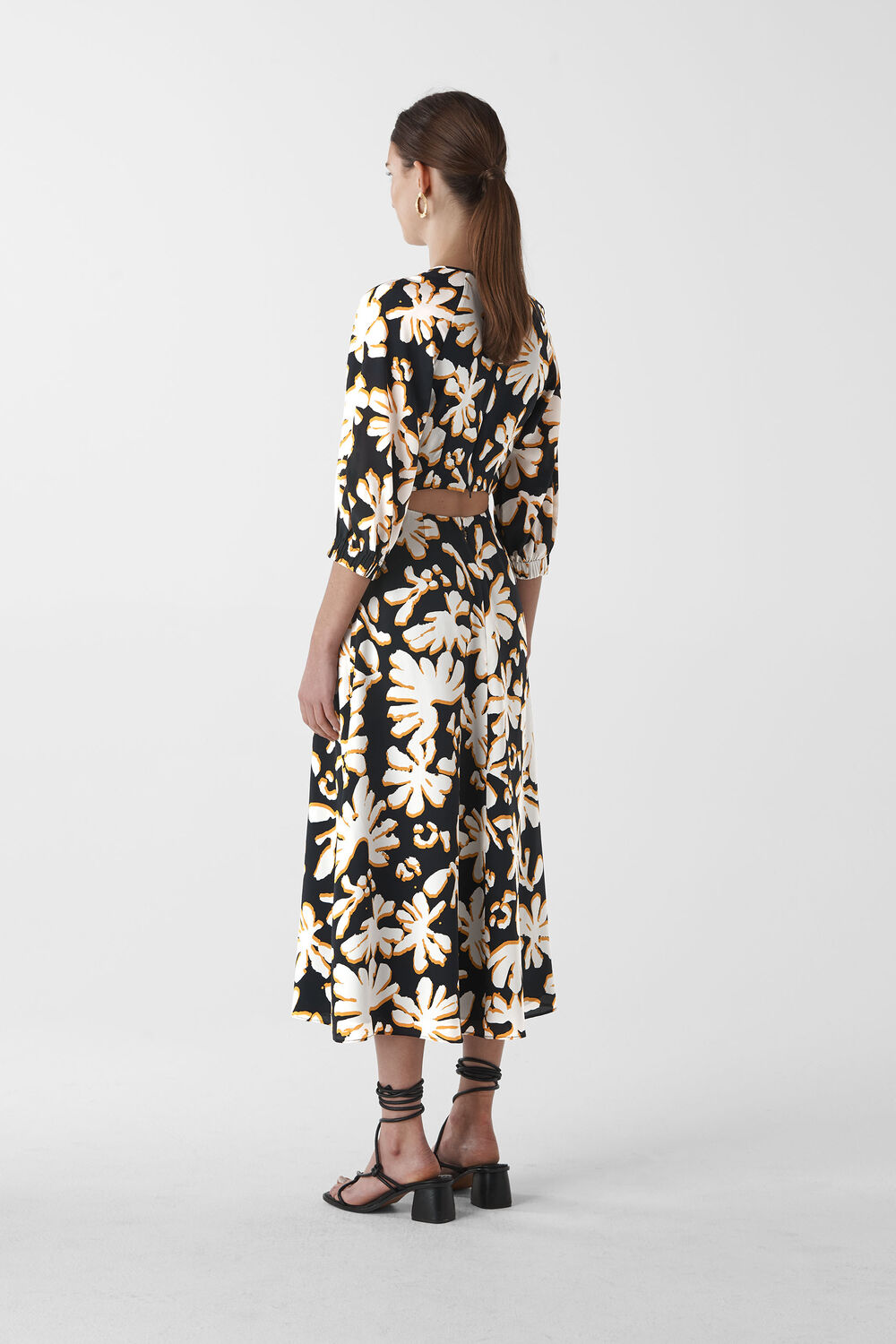 Palm Leaf Print Silk Dress Yellow/Multi