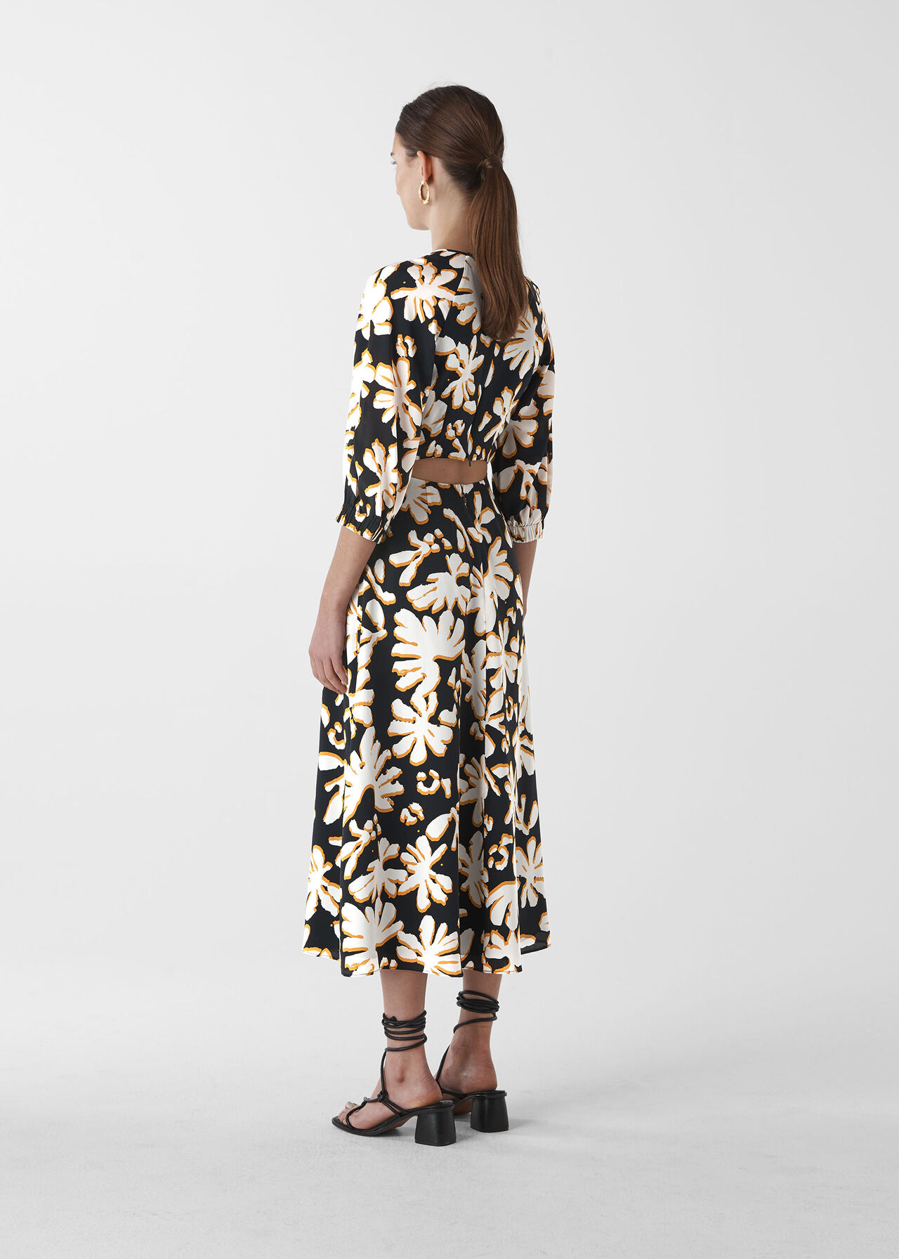 Palm Leaf Print Silk Dress Yellow/Multi