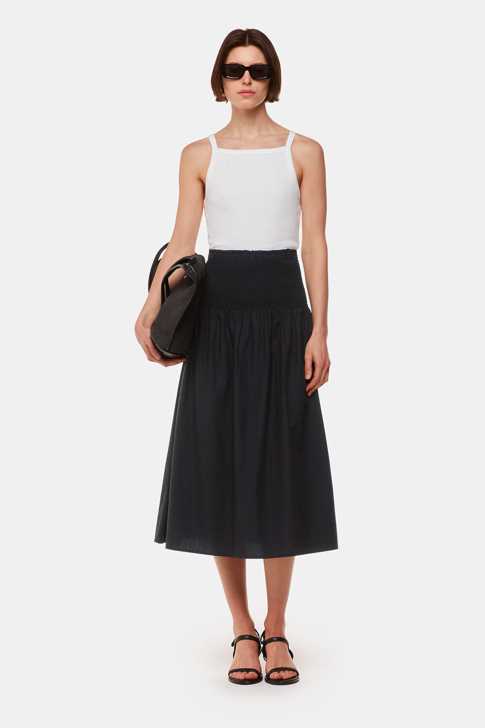 Black Louisa Smocked Midi Skirt