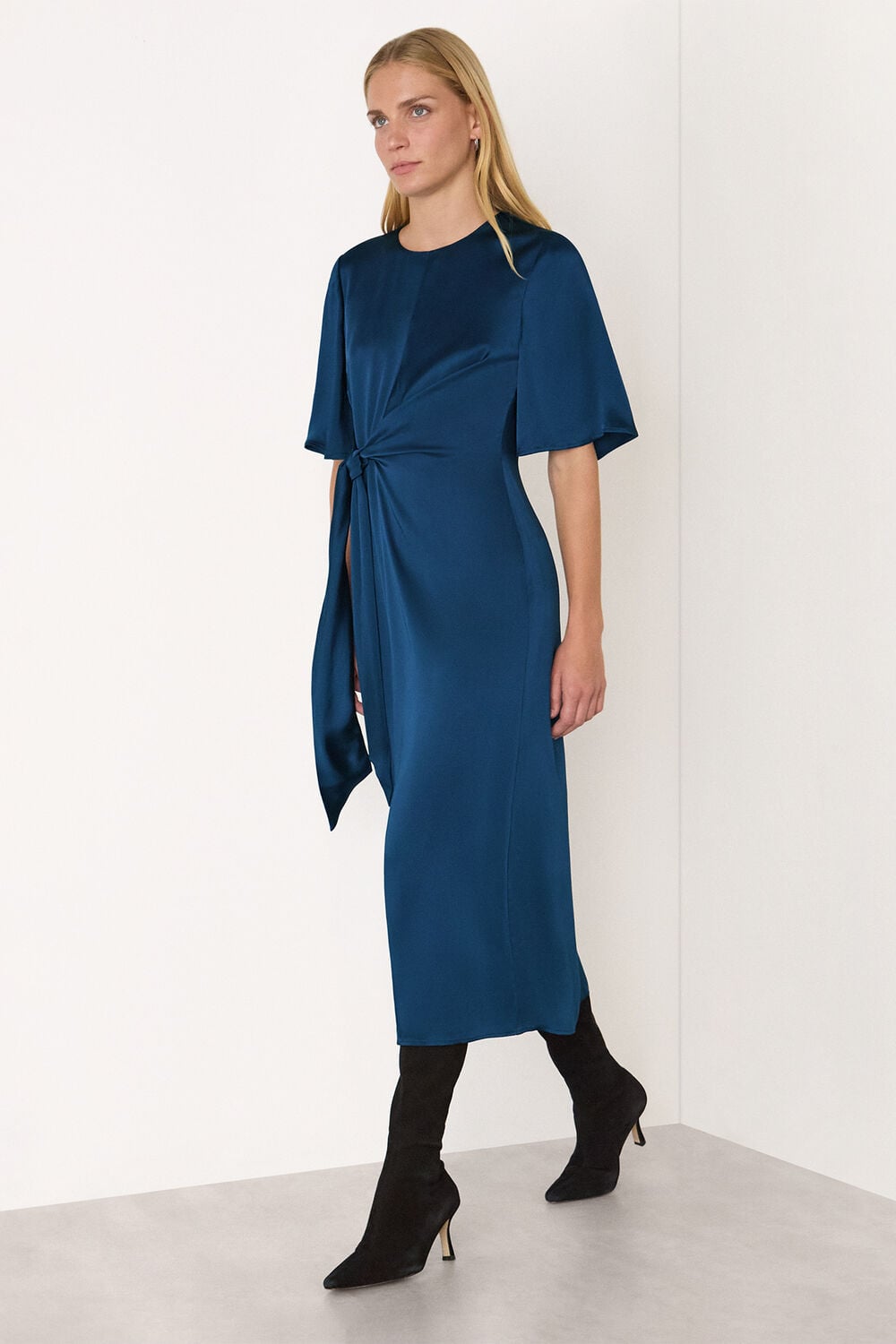 Blue Satin Twist Waist Midi Dress