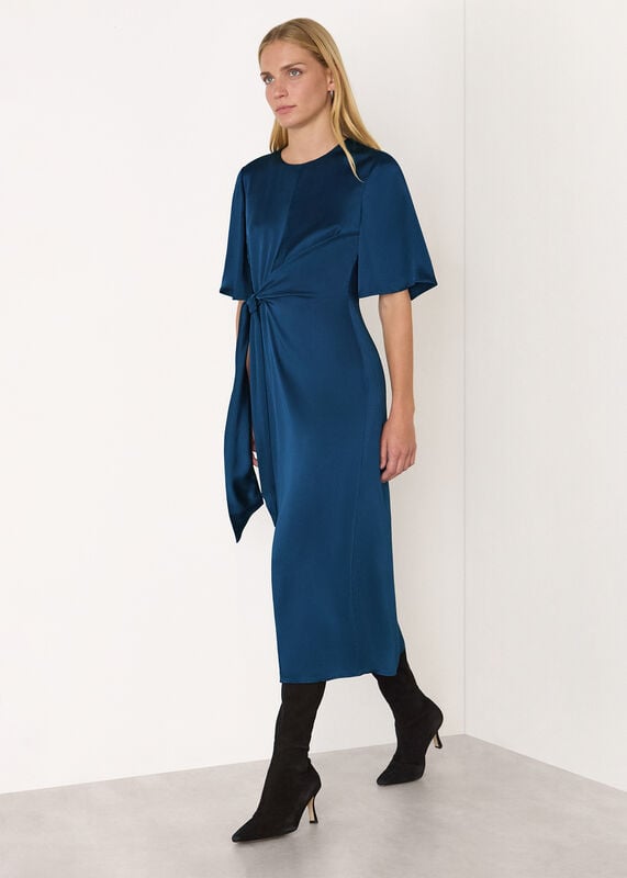 Blue Satin Twist Waist Midi Dress