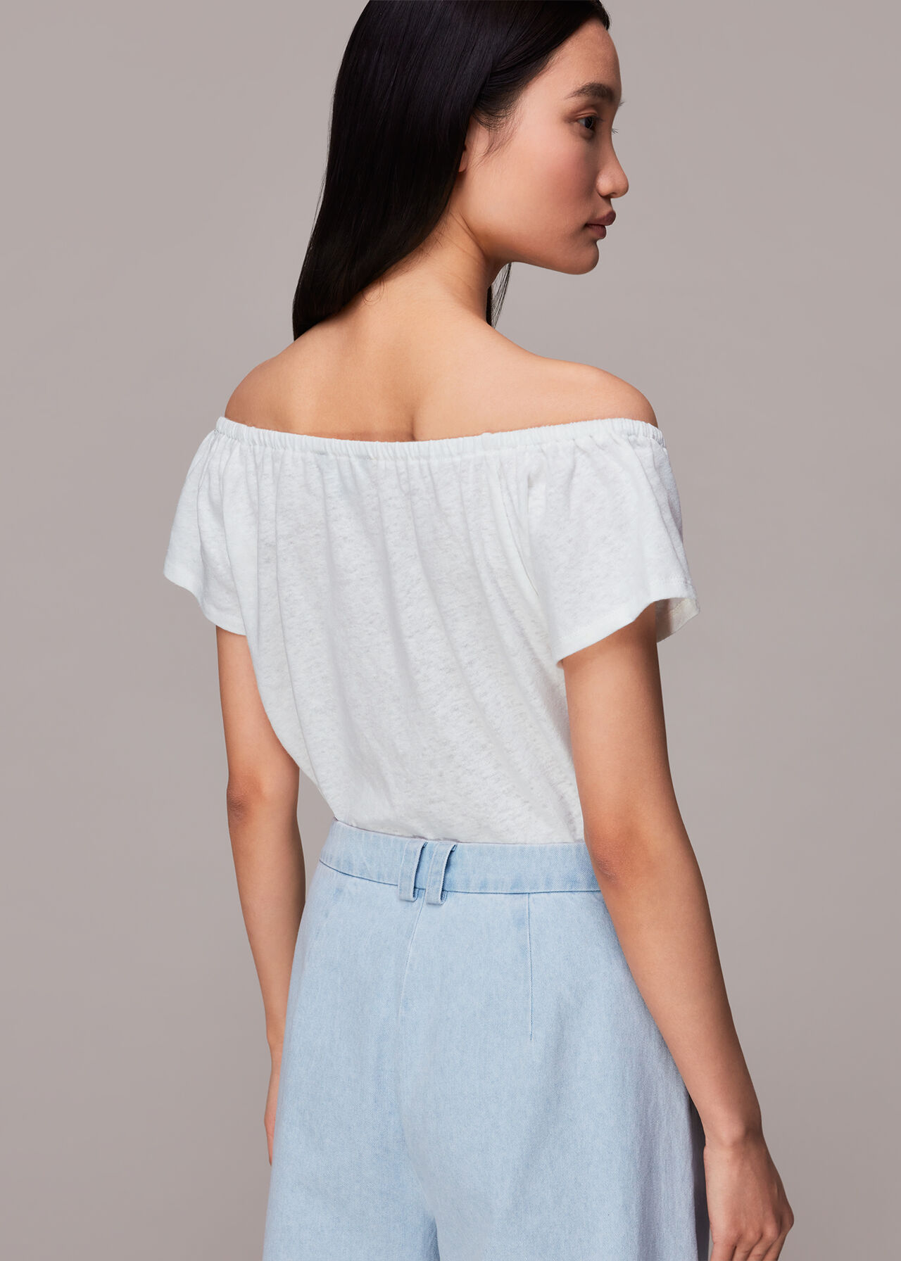 Drawstring Linen Bardot Top