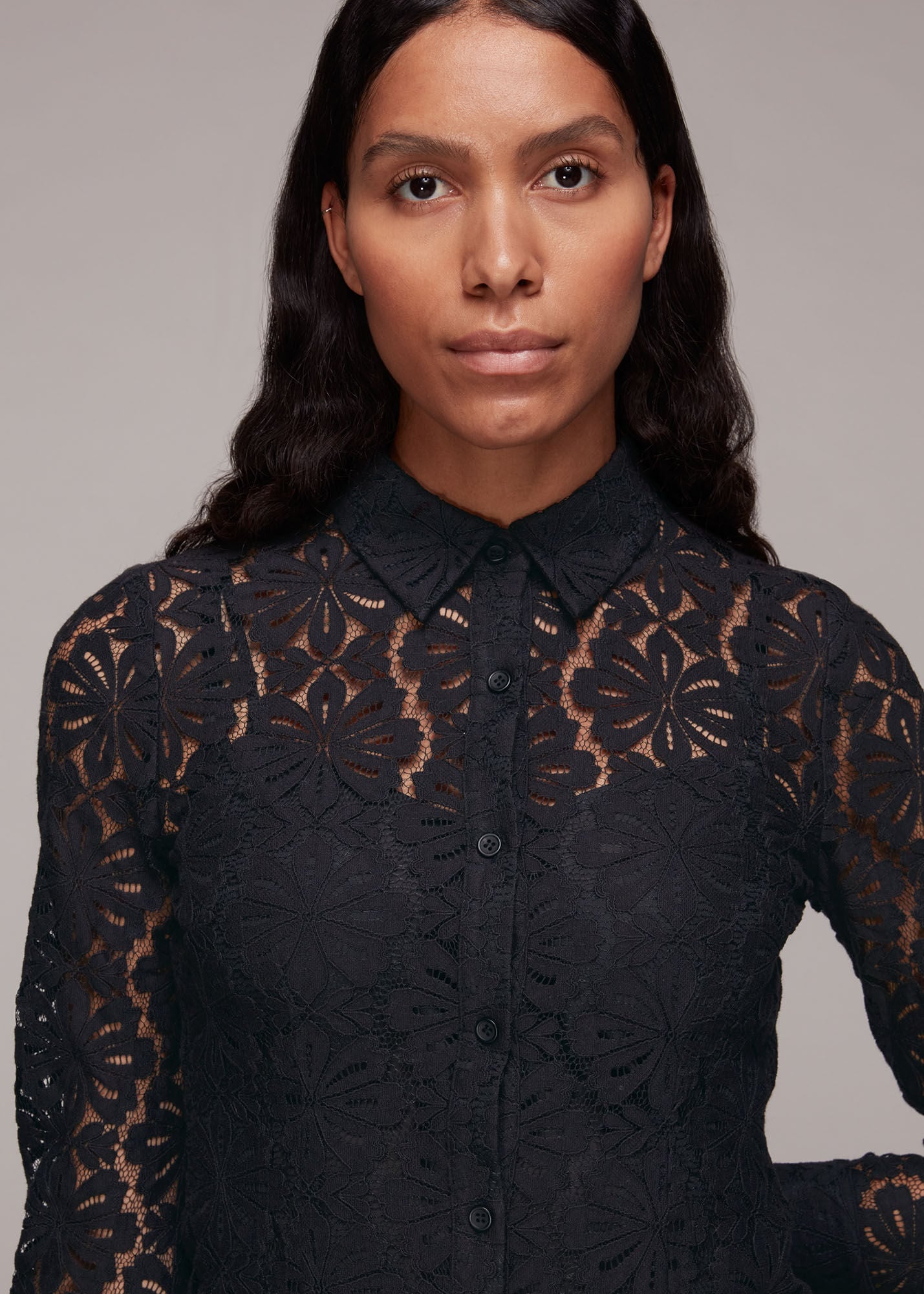 Black Longline Lace Detail Shirt | WHISTLES | Whistles US |