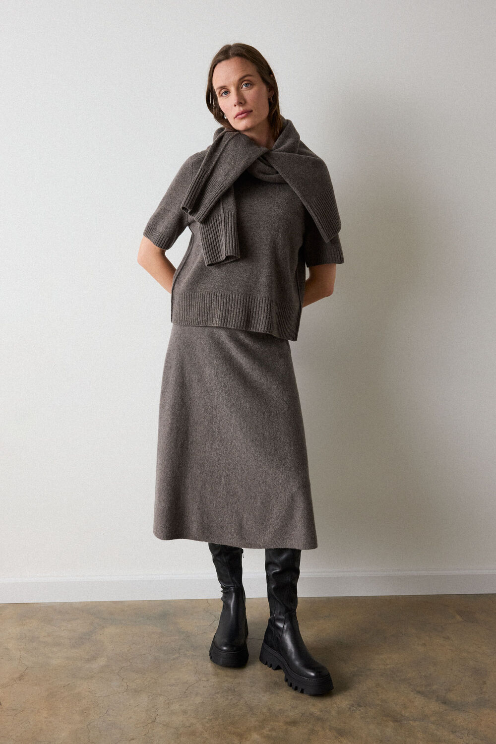 Neutral Wool Knitted Midi Skirt