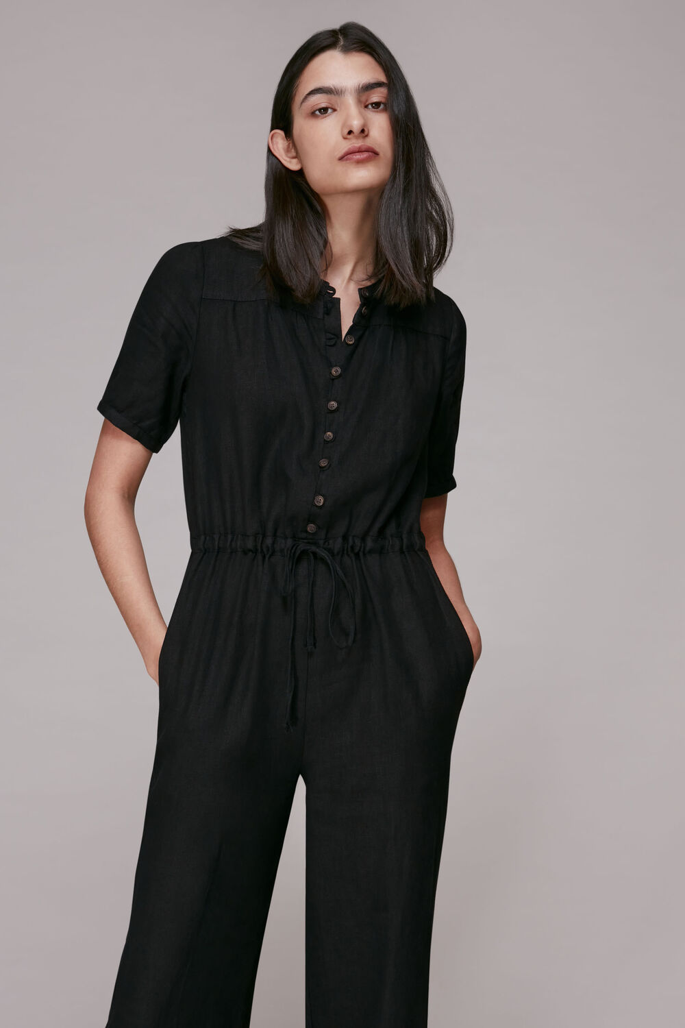 Button Front Linen Jumpsuit