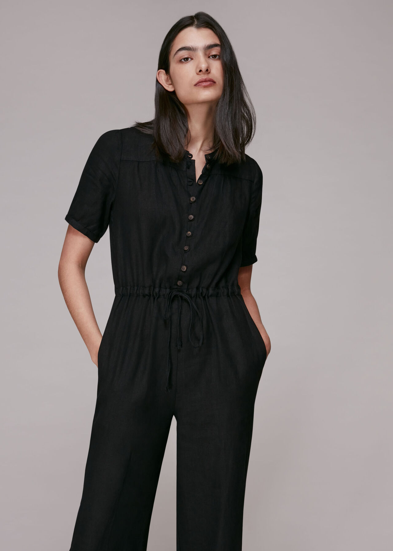 Button Front Linen Jumpsuit