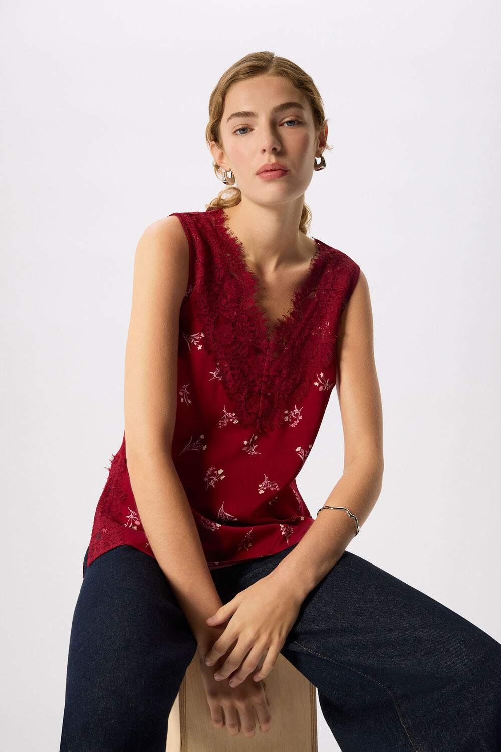 Burgundy Floral Lace Trim Top