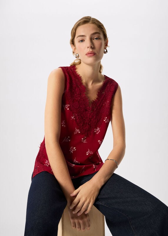 Burgundy Floral Lace Trim Top
