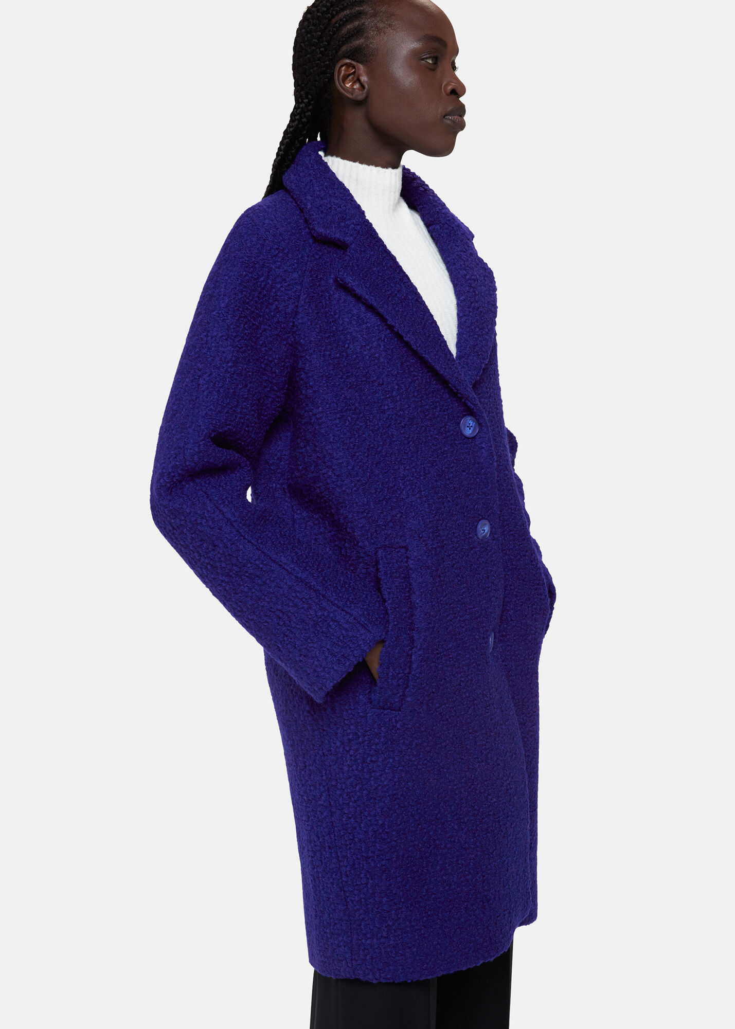 Blue Wool Boucle Coat Single Breasted Relaxed Fit Whistles