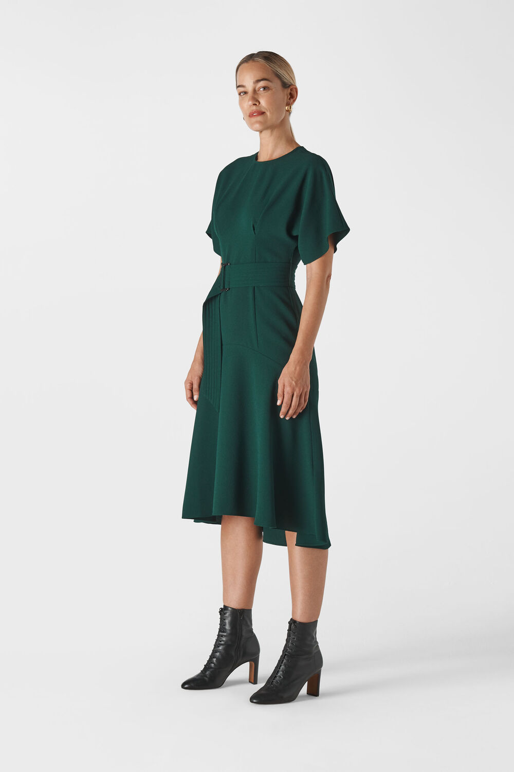 Textured Belted Midi Dress Green