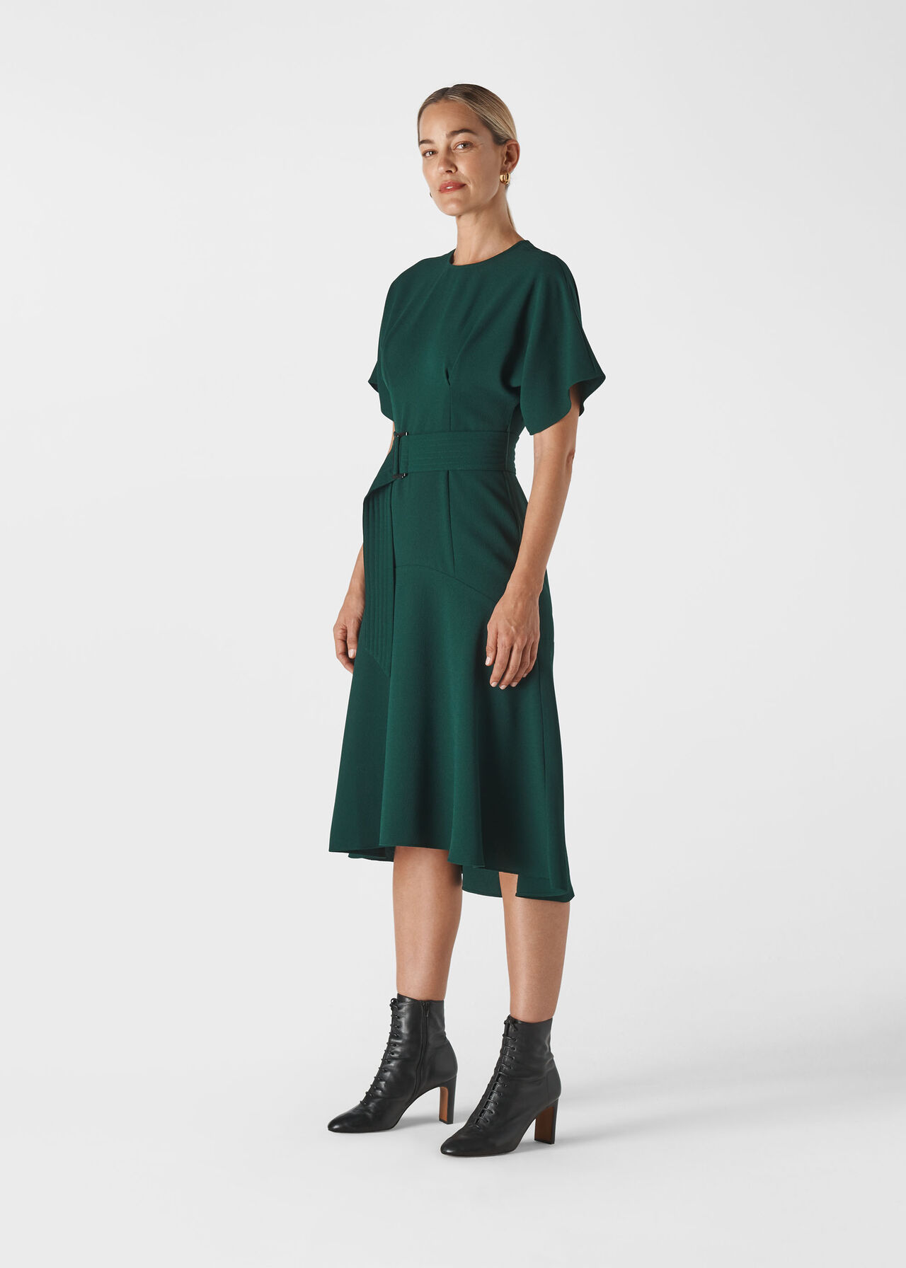 Textured Belted Midi Dress Green
