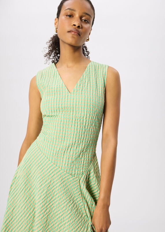 Green Check V Neck Asymmetric Dress