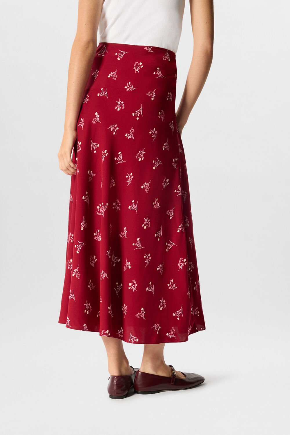 Burgundy Floral Fit And Flare Midi Skirt
