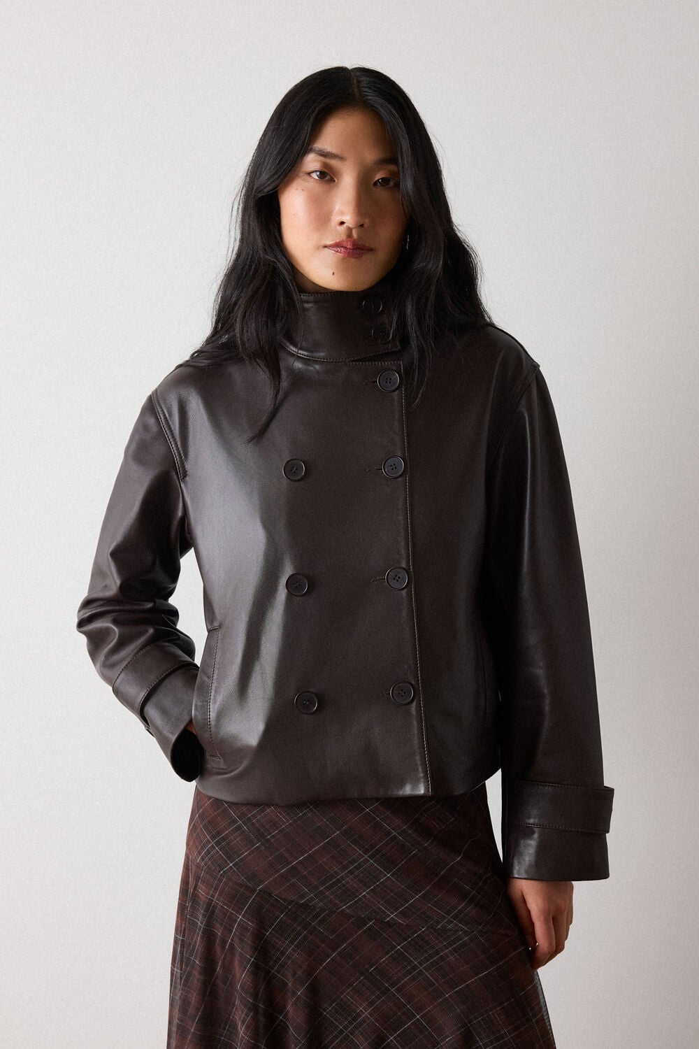 Chocolate Funnel Neck Leather Jacket
