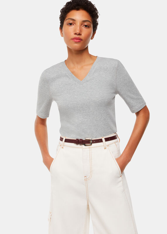 Grey Marl V Neck Ribbed T-Shirt