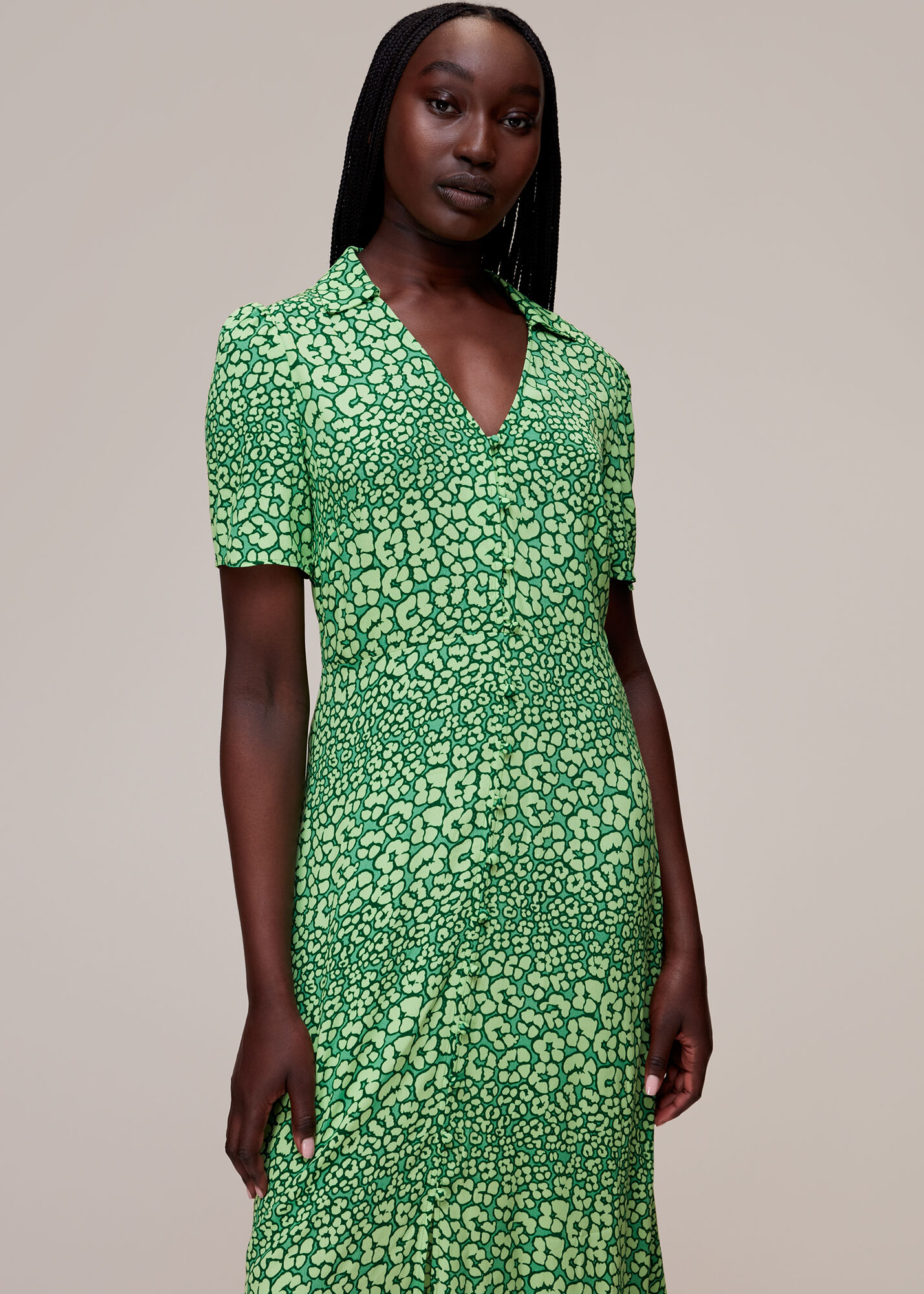 Green/Multi Leopard Petals Midi Dress | WHISTLES