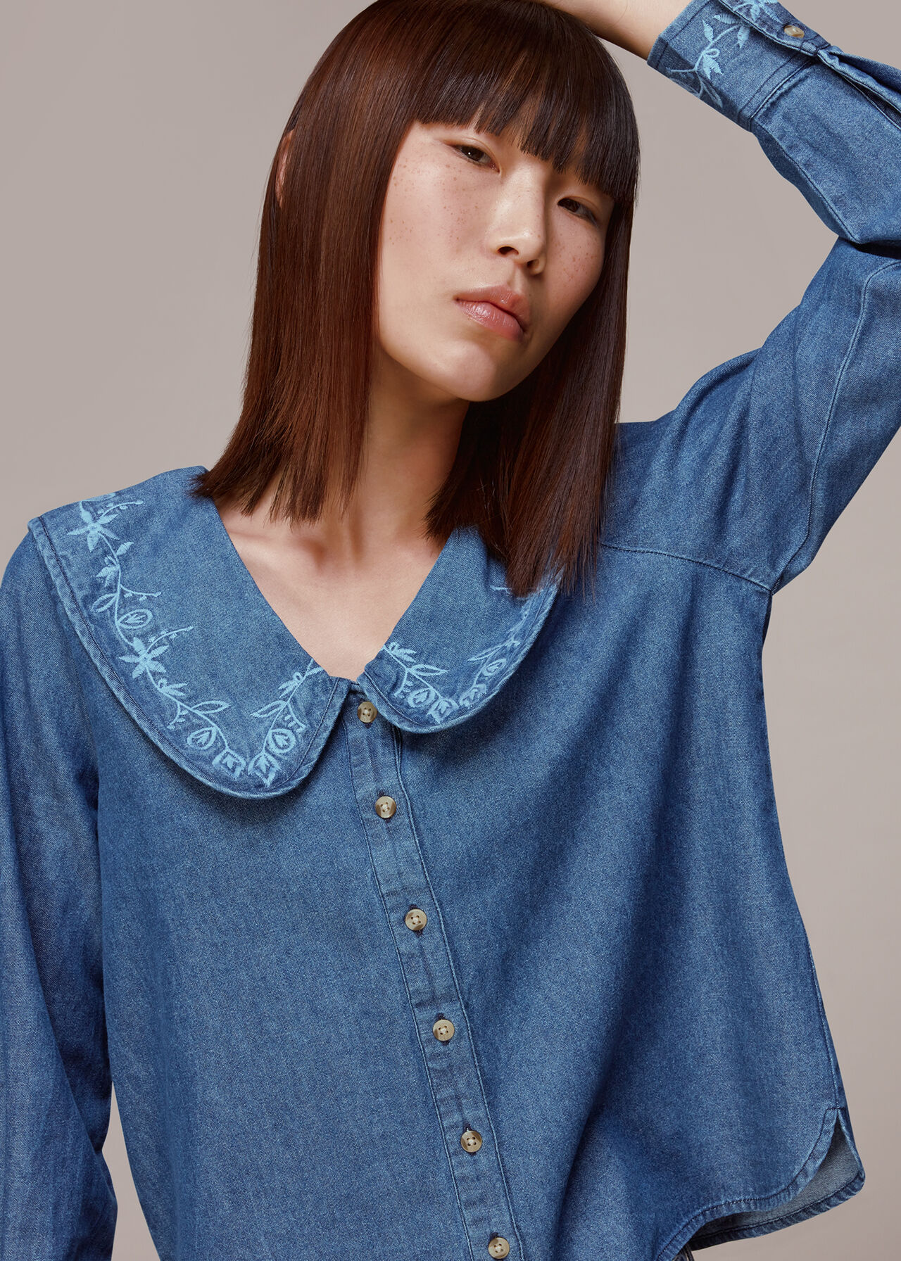 Embroidered Collar Denim Top